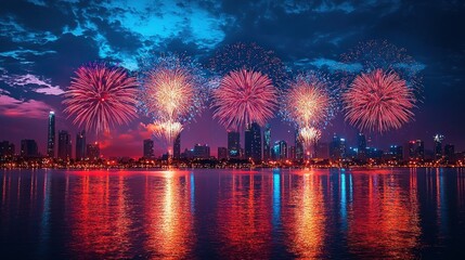 Fireworks display over city skyline reflected in water at night.