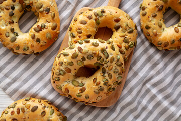 Homemade Healthy Organic Pumpkin Seed Bagels for Breakfast, top view.