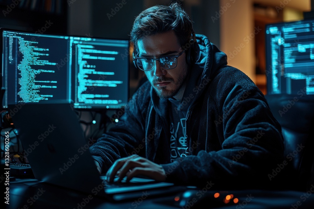 Poster a man is sitting in front of a computer with a black hoodie on