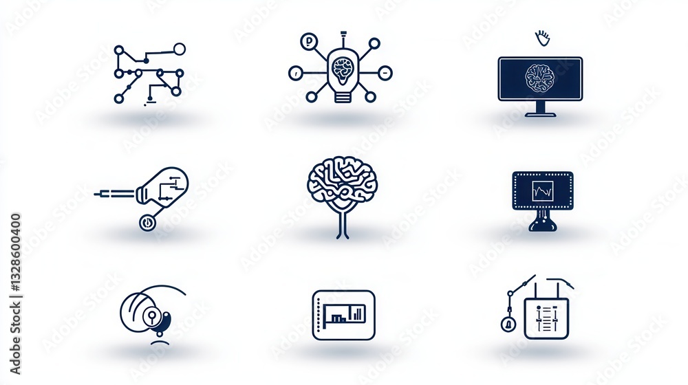 Poster a collection of icons representing various aspects of intelligence including data networking automat