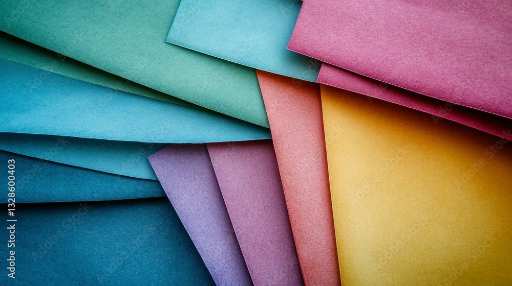 Poster abstract image of colorful textured paper samples arranged in an overlapping pattern. the colors are