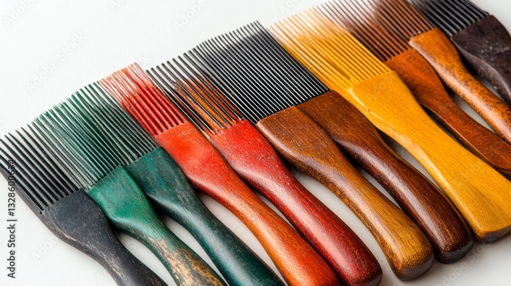 Poster Colorful wooden handled tools with metal tines arranged in a row on a white background. The handles show variations in color and texture.