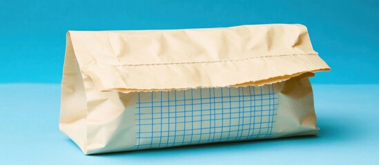 A brown paper bag with a blue grid pattern is on display