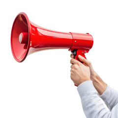 a person using a red megaphone to make a loud announcement isolated on white or transparent...