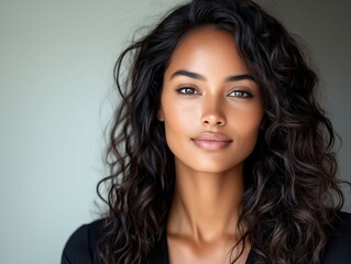 Naklejka premium A woman with long dark brown hair and a black shirt
