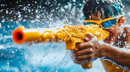 A person enthusiastically holding a colorful water gun in a fun outdoor setting ready for a refreshing water fight