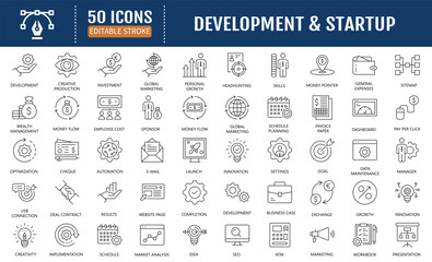 Fototapeta premium Development and startup icon icon set. Includes launch, rocket, project, development, and more. Vector Illustration