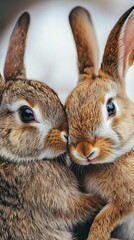 Obraz premium Two adorable rabbits snuggling together in a peaceful setting with ample copy space for text and graphics