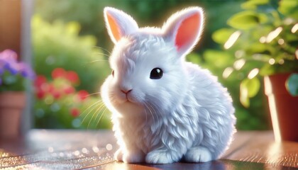 White rabbit sitting on wooden floor with soft sunlight and green plants nearby

