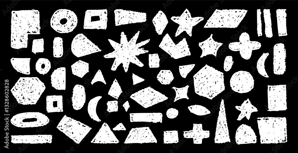 Poster set of abstract geometric basic shapes drawn with pastel white color or charcoal. hand drawn paint q