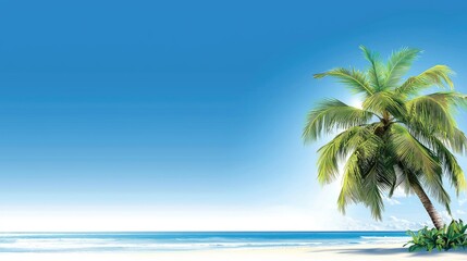 Tranquil Tropical Beach with Lush Palm Tree Under Clear Blue Sky and Gentle Ocean Waves
