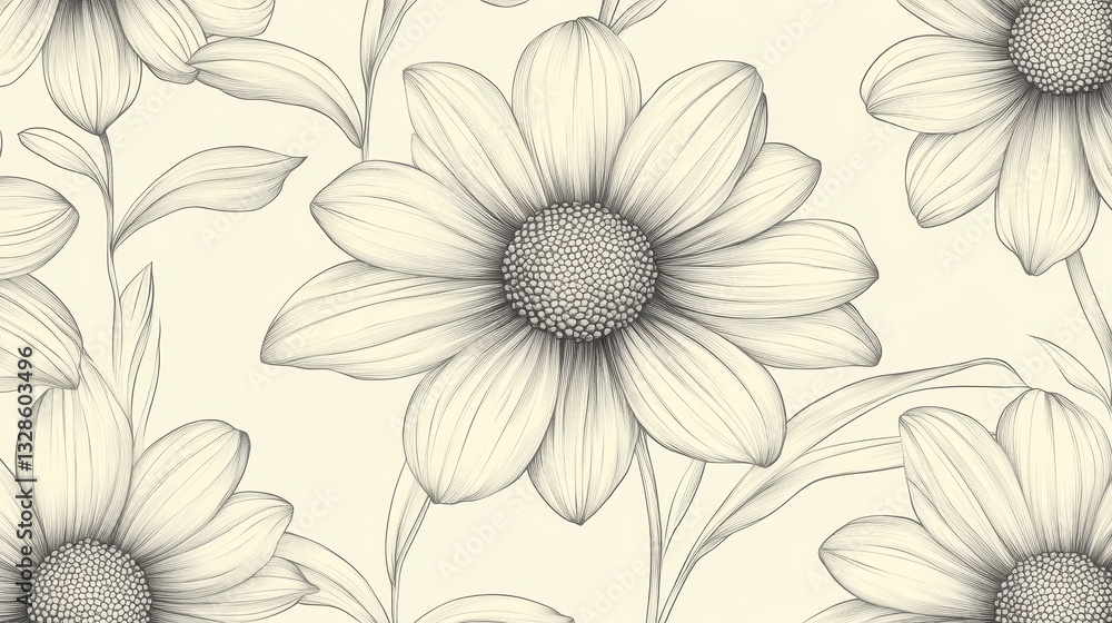 Poster seamless floral pattern featuring intricate line drawn botanical elements, presenting elegant, versa