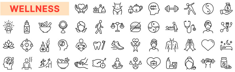 Naklejka premium Wellness and Healthy Lifestyle Line Icons Set – Yoga, Meditation, Fitness, Nutrition, Self-Care, Mental Health, Spa, Mindfulness, Holistic Healing