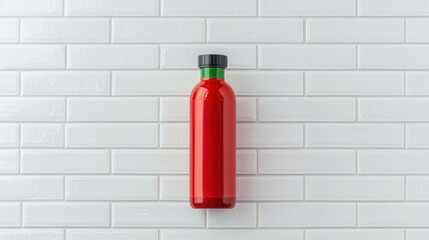 Obraz premium Dietary Supplement with Amino Acids and BCAAs, Red gym bottle with green cap on white brick wall