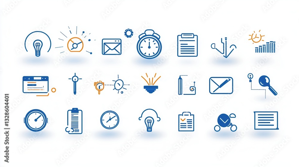 Poster a collection of line icons representing various business and productivity concepts related to deadli