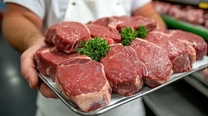 Butcher Presents Fresh Steaks on Tray at Meat Counter for Quality Shopping Experience