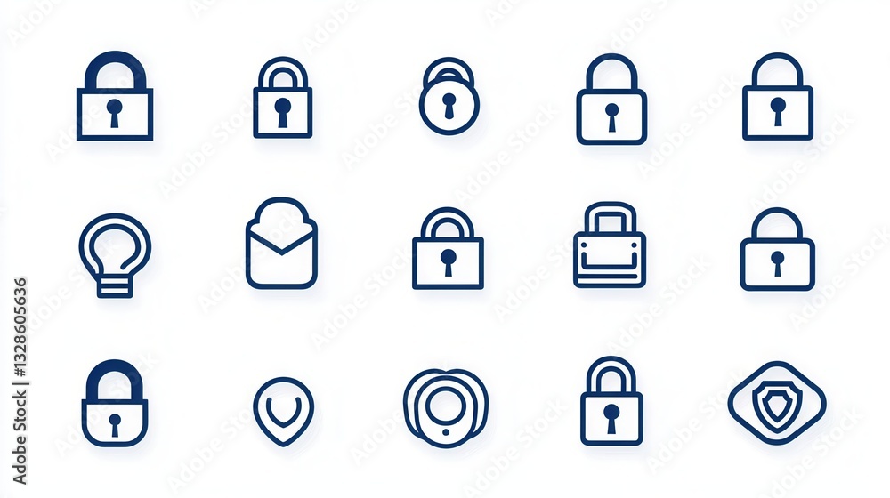 Poster a comprehensive set of minimalist high detail padlock and security related icons rendered in a clean
