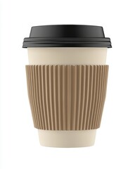 Take Away Coffee Cup Mockup:  A Detailed 3D Render of a Disposable Coffee Cup with Cardboard Sleeve and Black Lid, Isolated on White Background
