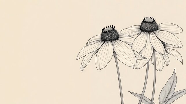 Monochromatic line drawing depicting black eyed susan wildflowers, highlighting intricate petal structure and distinctive seed head against soft neutral setting