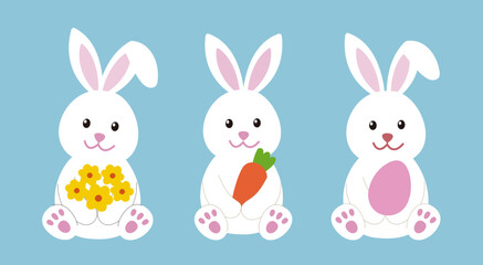 Set of spring Easter white bunny character.
Cute Easter rabbit design.
Flat stock vector illustration.
Good for card,poster, banner, leaflet.