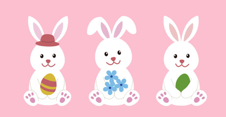 Set of spring Easter white bunny character.
Cute Easter rabbit design.
Flat stock vector illustration.
Good for card,poster, banner, leaflet.