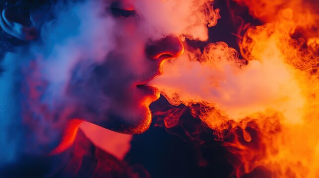 Youthful male vaping, releasing vapor cloud against vivid neon backdrop, wispy smoke swirling with luminescent color gradients, capturing nocturnal urban aesthetic