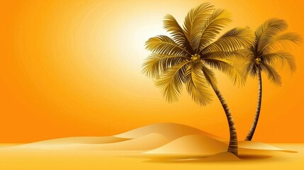 Vibrant Orange Sunset Over Desert Landscape with Tall Palm Trees and Sand Dunes