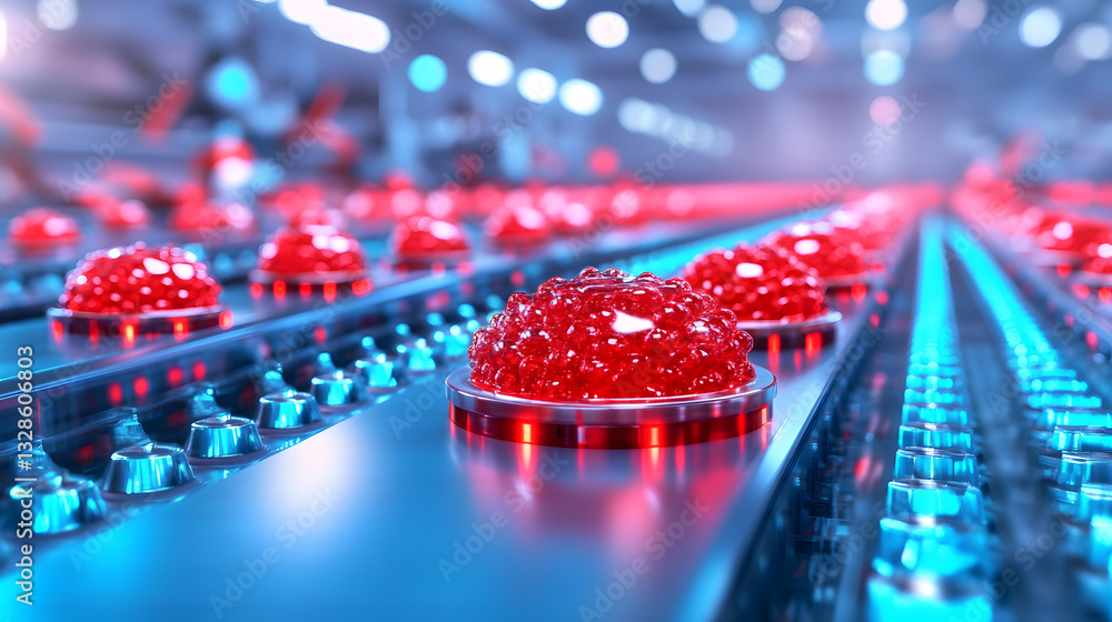 Poster a vibrant scene showcasing red, glowing objects on a conveyor belt, illuminated by blue lights in a 