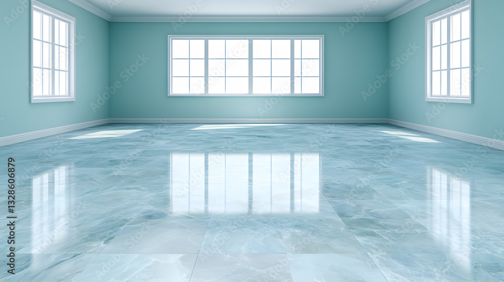 Poster a spacious, brightly lit room with a glossy, reflective floor and large windows, featuring a soothin