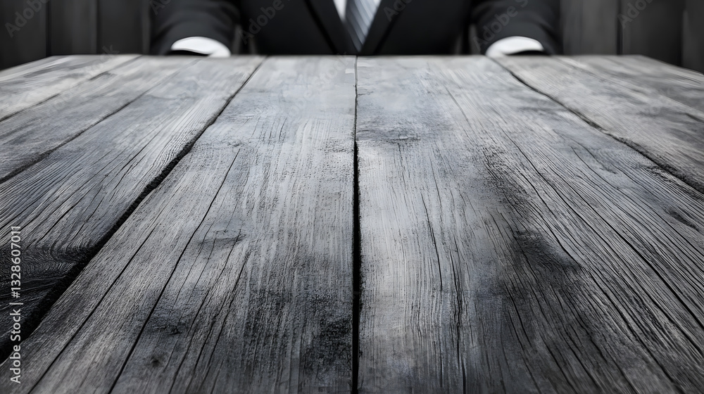 Poster A close-up view of a wooden table with a suited figure's hands positioned at the edge, suggesting a formal or business setting