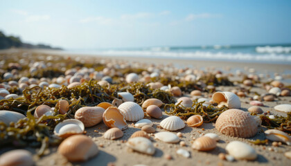 Seashells and Seaweed Scattered on Sandy Beach with Ocean View