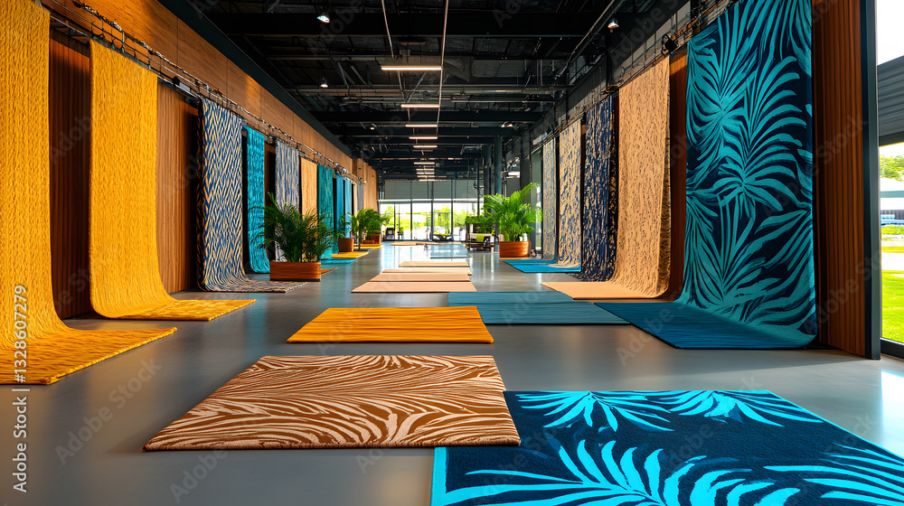 Poster a vibrant space showcasing colorful rugs with tropical patterns, accentuated by plants and modern ar