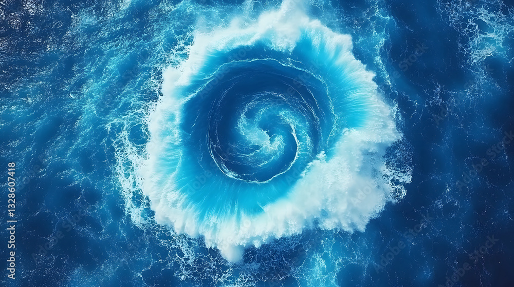 Poster a captivating aerial view of a swirling blue vortex in the ocean, showcasing the dynamic movement an