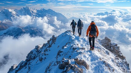 Three climbers ascend a snow-covered mountain ridge, overlooking a sea of clouds and majestic peaks.