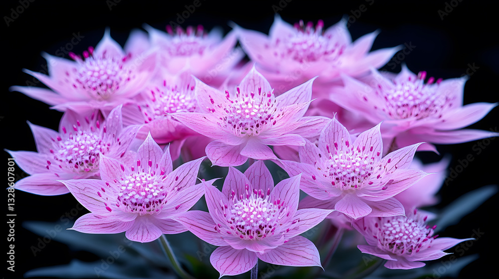 Poster a cluster of delicate pink flowers with intricate patterns, set against a dark background, showcasin
