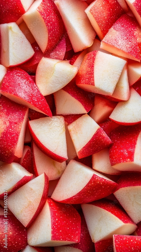 Poster close up view of numerous diced red apples coated in a layer of granulated sugar. the image features
