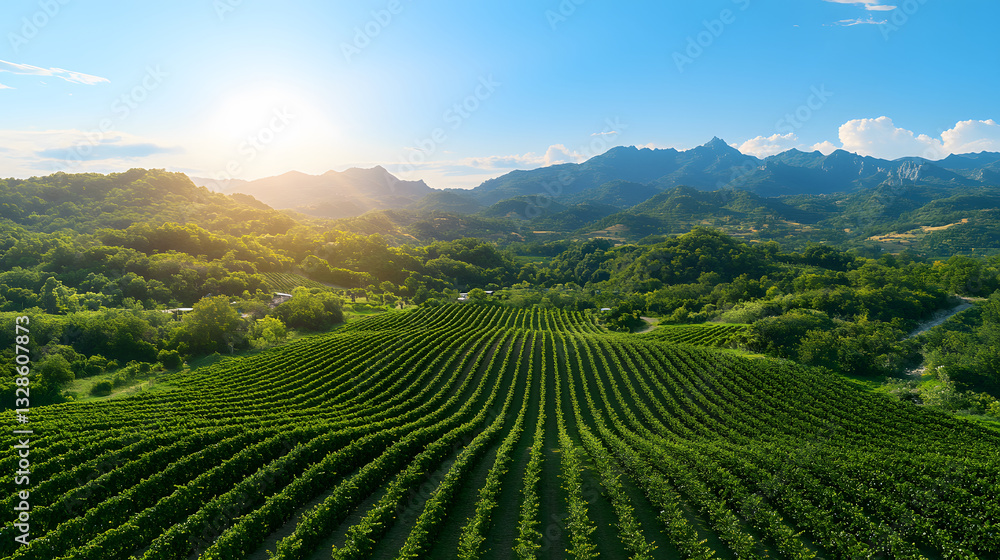 Poster a scenic landscape featuring lush green hills and rows of crops under a bright sky with mountains in