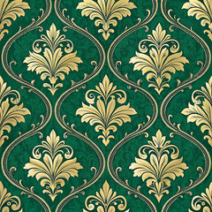 Emerald green damask with delicate golden accents seamless pattern background