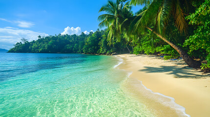 Tropical Paradise Beach with crystal clear water and lush palm trees