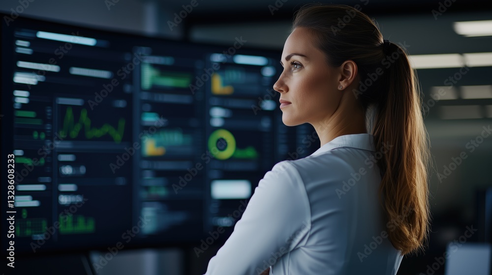 Poster professional woman analyzing data insights in modern office environment with high-tech screens displ