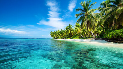 Tropical Paradise Beach with crystal clear water and lush palm trees