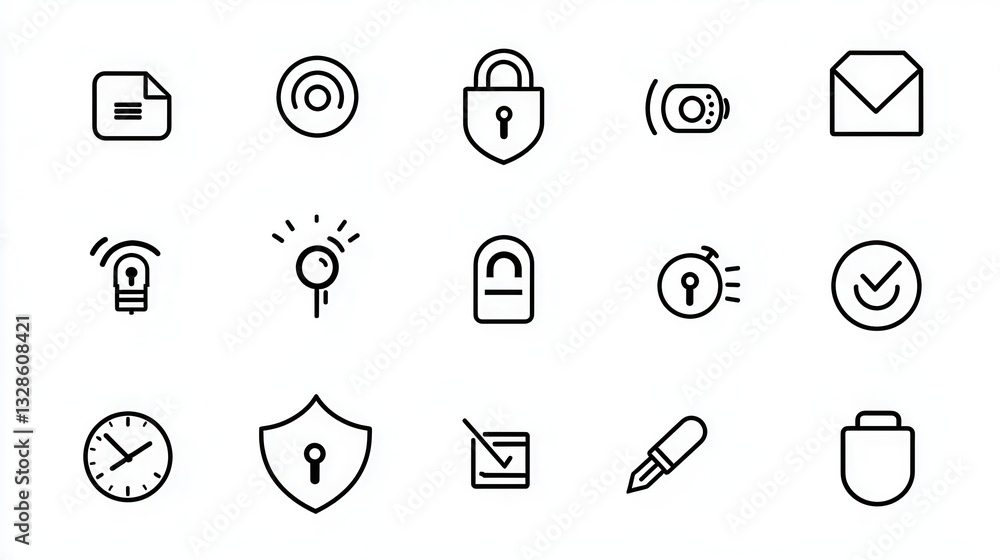 Poster a set of 15 unique security and privacy themed icons with clean outline designs covering various asp