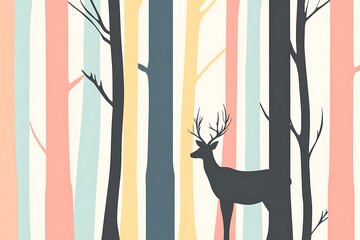 Deer Silhouette Amidst Forest Stripes Wallpaper, Background, Pattern, Backdrop