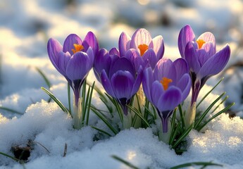Delicate Purple Crocus Flowers Blooming Through Snow in Early Spring, Showing Resilience and Beauty Amidst Cold Environment