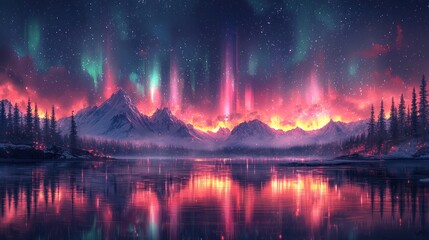 Vibrant aurora borealis over snow-capped mountains reflected in a calm lake.
