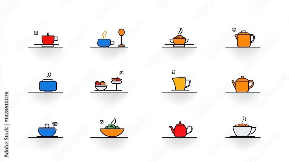 Poster a collection of 15 minimalist outline icons depicting various tableware and catering items such as c