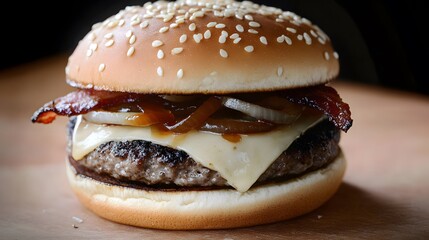 A succulent bacon cheeseburger featuring smoky bacon, melted Swiss, caramelized onions, and tangy sauce on a sesame seed bun in vivid detail.