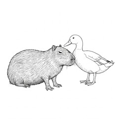A capybara and a duck. Black line drawing. Black and white image.