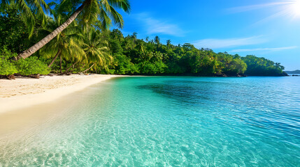 Tropical Paradise Beach with crystal clear water and lush palm trees