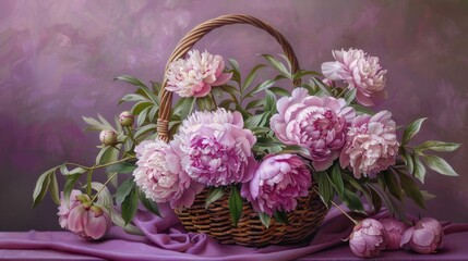 Fototapeta premium A wicker basket with lush peonies. Bright flowers are a gift for March 8th. A postcard for the women's holiday.